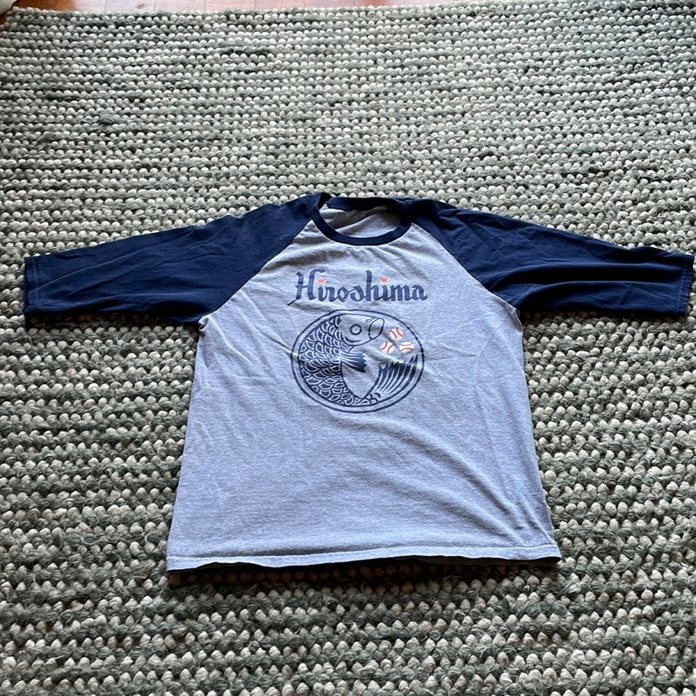 Ebbets Field Flannels Hiroshima Carps baseball tee, size medium in grey and blue